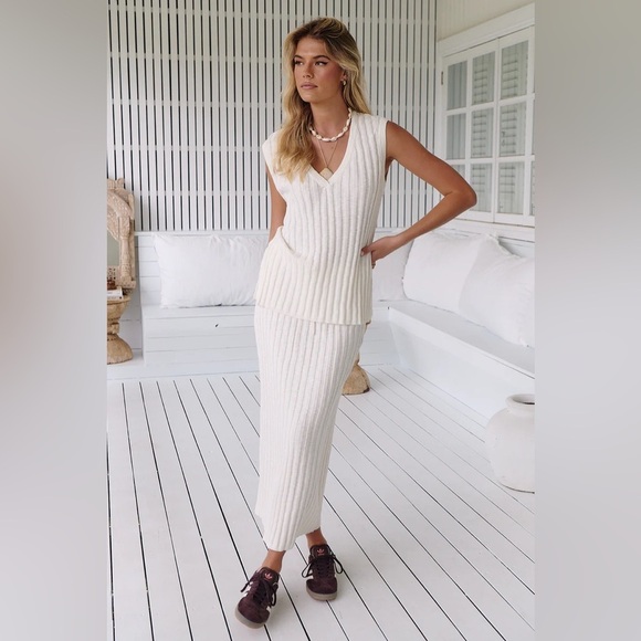 62. Free People Veda Sweater Set Ivory Ribbed Maxi Pencil Skirt 2 In 1 Size S - Picture 3 of 17